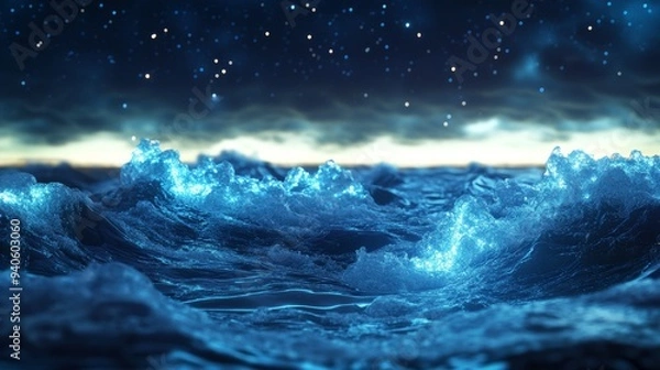 Fototapeta Fantasy Seascape with Beautiful Waves and Neon Foam at Night Generative AI