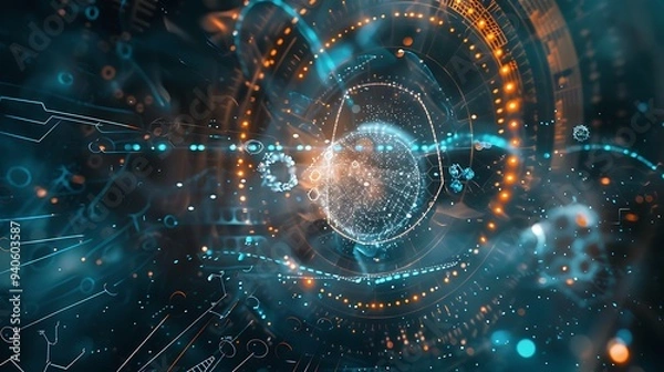 Fototapeta Detailed abstract composition of science and medical themes, incorporating symbols, diagrams, and futuristic elements against a sophisticated backdrop. 