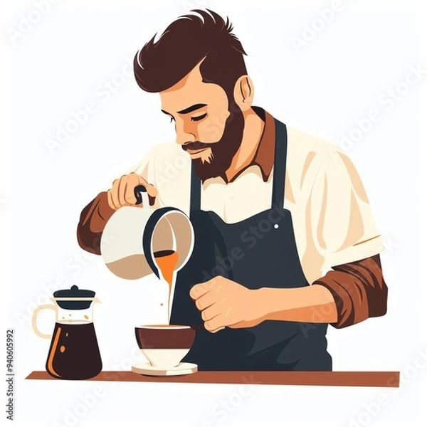 Fototapeta Illustration of a barista pouring fresh coffee into a cup. Perfect for coffee shop promotions, blogs, and cafe-related content.