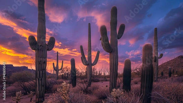 Fototapeta a desert with tall saguaro cacti standing against a dramatic sky