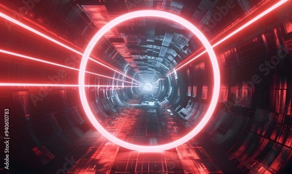 Fototapeta Glowing neon ring light in tunnel. 3d render. Futuristic abstract wallpaper. 