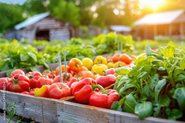 Fototapeta Colorful fresh vegetables in wooden crates at a farm stand during sunset, showcasing bountiful and organic harvest.