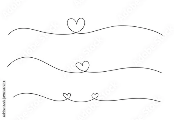 Fototapeta Collection set of vector black hand drawn doodle heart line art banner. Continuous drawing of heart love and color shape love sign.