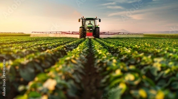 Fototapeta Tractor applying pesticides to soybean field, farming.