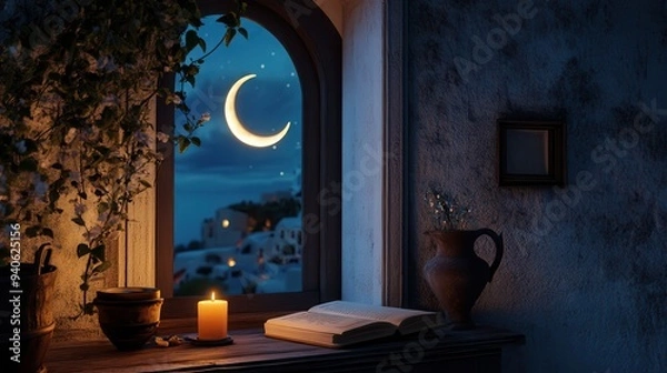 Fototapeta Cozy night view through an arched window with a glowing crescent moon, candle, and book on a rustic table, capturing a serene and peaceful ambiance.