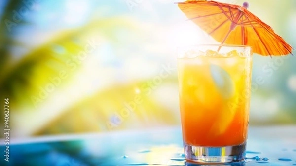 Fototapeta Summer Vacation Cocktail with Umbrella, Refreshing Drink on a Sunny Day, Perfect for Holiday Getaway Generative AI
