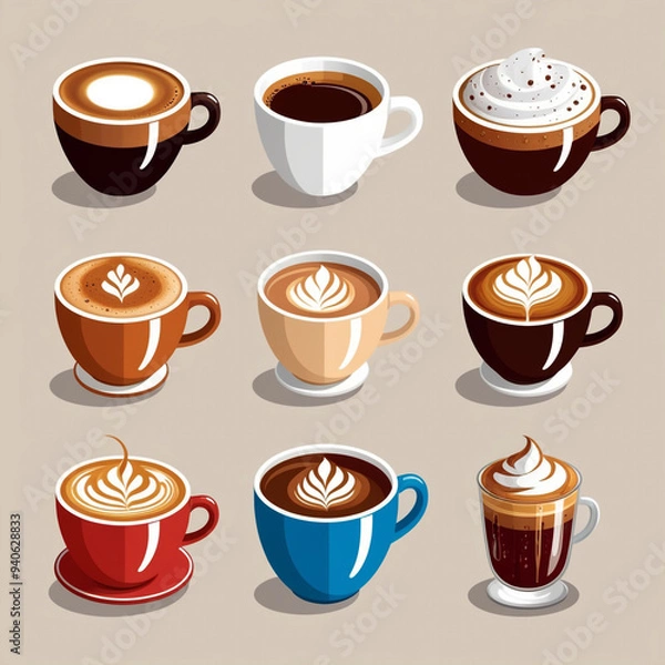 Fototapeta illustration featuring a collection of coffee icons, each representing a different type of coffee.