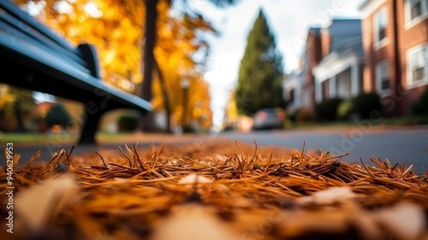 Fototapeta Colorful autumn scene featuring fallen leaves along a serene street, with vibrant trees and a peaceful bench in the foreground.