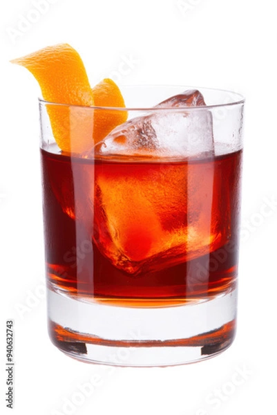 Fototapeta A refreshing cocktail served in a glass with ice and orange peel garnish, perfect for an elegant evening.