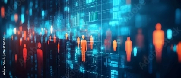 Obraz Futuristic digital visualization of economic policy influencing employment rates and workforce trends depicted through abstract data charts graphs and icons in a dynamic colorful conceptual design