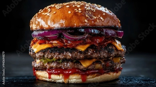 Obraz Close-up of a delicious double cheeseburger with caramelized onions, cheese, and ketchup on a sesame seed bun against a dark background.
