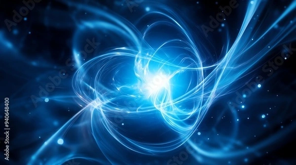 Fototapeta Abstract blue energy vortex with glowing light in dark space.