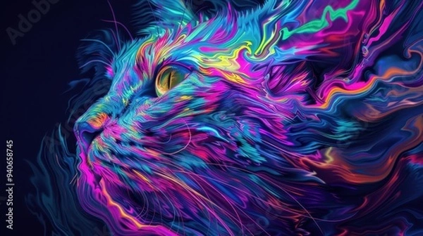 Fototapeta Psychedelic Cat Sticker, a vibrant and abstract digital art piece featuring a trippy generative cat design, blending fantasy and technology in colorful surrealism.