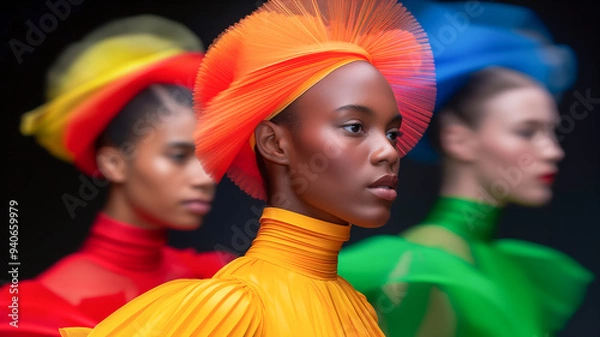 Fototapeta Vibrant portrait of models showcasing colorful fashion with striking hats and bold colors, emphasizing style and creativity.