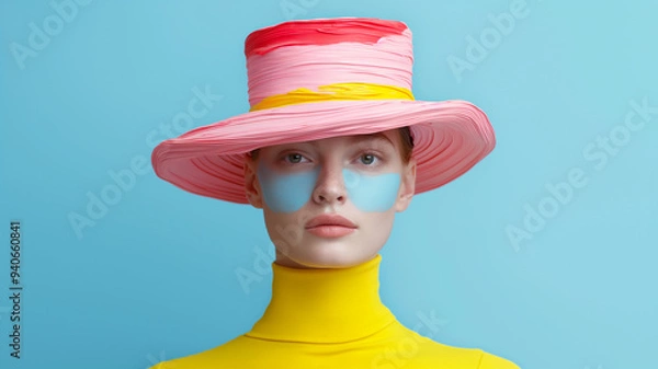 Fototapeta Fashionable portrait featuring a model with a colorful hat and artistic makeup, showcasing vibrant colors against a blue backdrop.