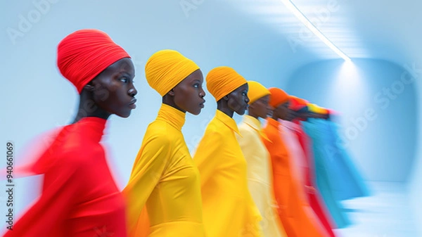 Fototapeta Vibrant runway scene featuring models in colorful attire, showcasing bold fashion and cultural expression in a modern setting.