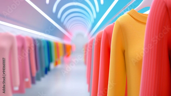 Fototapeta Colorful clothing display showcasing vibrant sweaters in a modern retail environment with dynamic lighting.