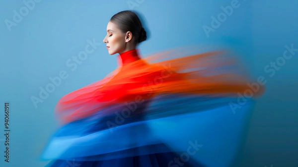Fototapeta Dynamic portrait of a woman in flowing colors, showcasing movement and elegance against a backdrop of soft blue.