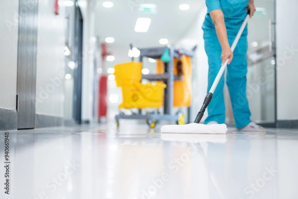 Fototapeta A cleaner in uniform using mops cleaning hall floor at patient room the hospital epoxy floor.