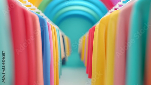 Fototapeta Vibrant clothing rack filled with colorful garments. A visually appealing arrangement showcasing a spectrum of hues.