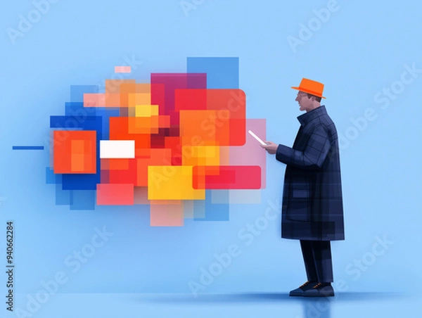 Fototapeta A man in a stylish coat and hat interacts with vibrant abstract shapes, conveying creativity and innovation.