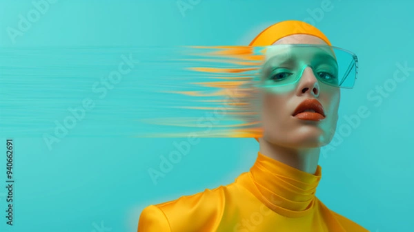Fototapeta A vibrant portrait of a model in bright yellow attire with a futuristic look, set against a smooth turquoise backdrop.