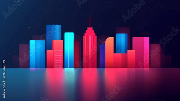 Fototapeta A vibrant abstract city skyline with colorful shapes and reflections, ideal for modern design and technology themes.