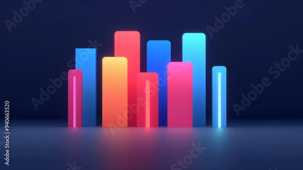 Fototapeta Colorful data visualization with glowing bars representing growth and progress in technology and business analytics.