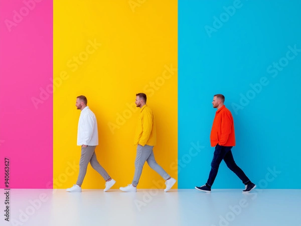 Fototapeta Three men walk confidently in front of vibrant colored walls, showcasing modern fashion and lively expressions.