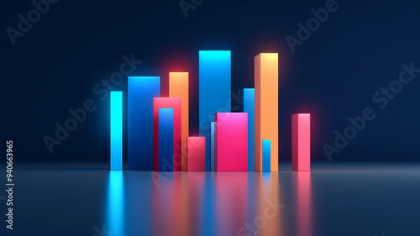 Fototapeta Vibrant 3D bar chart with colorful columns reflecting on a surface, representing data visualization and analytical growth.