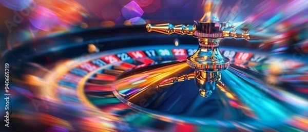 Obraz A close-up view of a roulette wheel spinning in a casino, showing the ball and numbers in motion