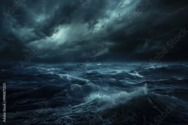 Fototapeta Ocean Storm. Dark Night Seascape with Lightning and Waves at the Edge of a Storm