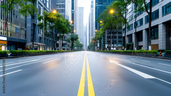 Fototapeta A wide-angle view of an empty city street flanked by modern skyscrapers. The street is lined with trees and illuminated by street lights, creating a serene urban scene.
