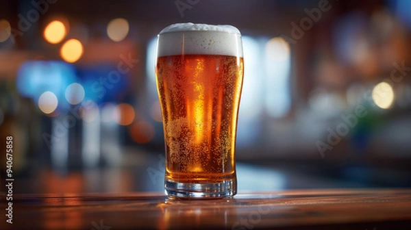 Fototapeta A close-up of a craft beer pint in a warm, ambient setting with soft bokeh background, highlighting the rich amber color and frothy foam