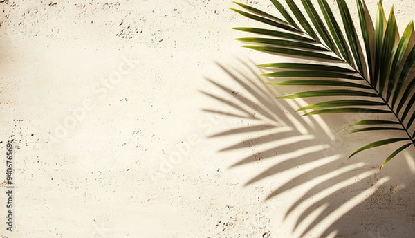 Obraz Fresh tropical palm leaf on a beige background with shadow blur. Stylish backdrop palm leave for presentation, print layout, web banners. Vector illustration