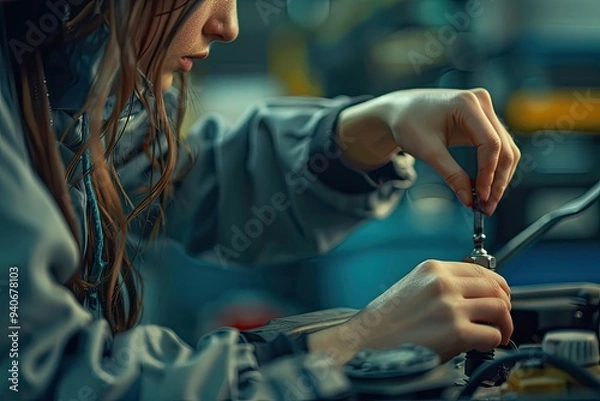 Fototapeta Female auto mechanic unscrewing a nut to replace a car spark plug.