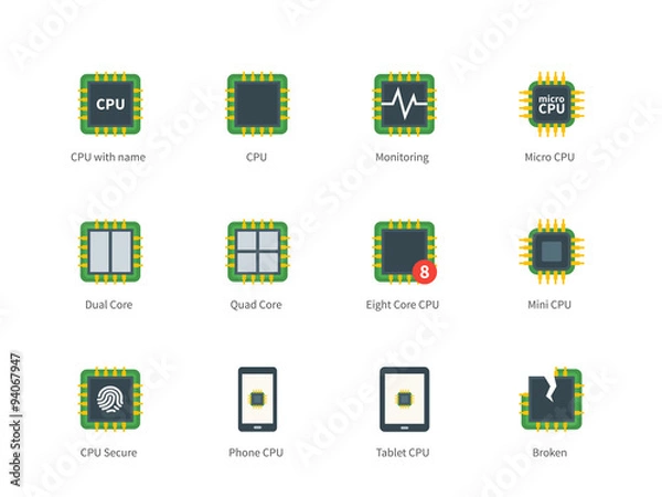 Fototapeta Modern computer processor color icons on white background.