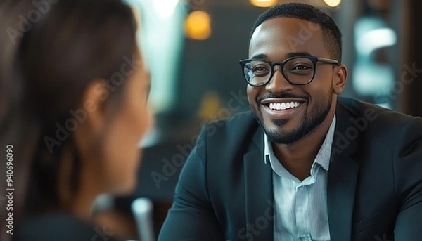 Fototapeta Medium shot of a smiling African American man in glasses and a black suit conversing with an unrecognizable female guest at a table during a podcast session in a studio
