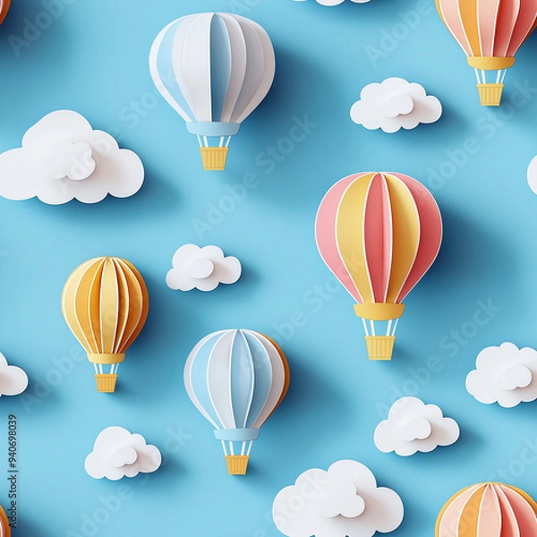 Obraz ペーパークラフト風の気球と雲パターン