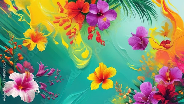 Fototapeta Tropical Charm: Wallpaper and Background with Tropical Colors and Floral Accents