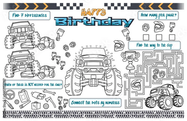 Obraz Festive placemat for children. Printable a Monster Truck-themed Happy Birthday sheet for boys with a maze, connect the dots, and find the challenge of the difference. 17x11 inch printable vector file