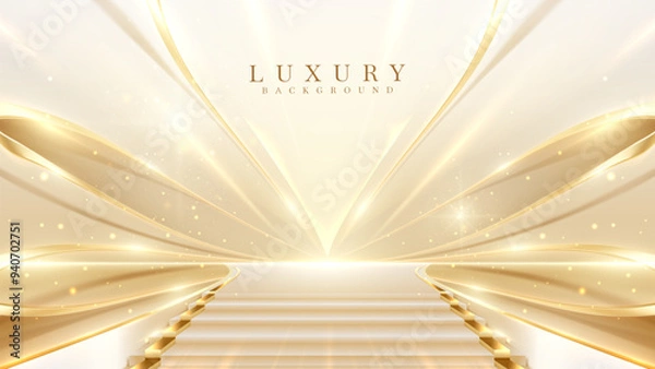 Obraz Elegant Gold Stage Scene with Glitter Light Effects, Decorations, and Bokeh. Luxury Stairs Background Design.