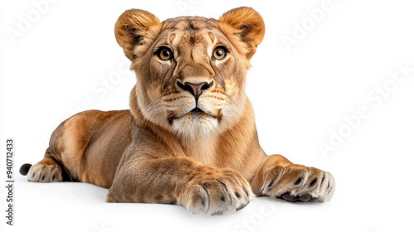 Fototapeta A full-body image of a majestic lioness, lying down and watching her surroundings, isolated on a white background, with her sleek body and powerful paws clearly visible.
