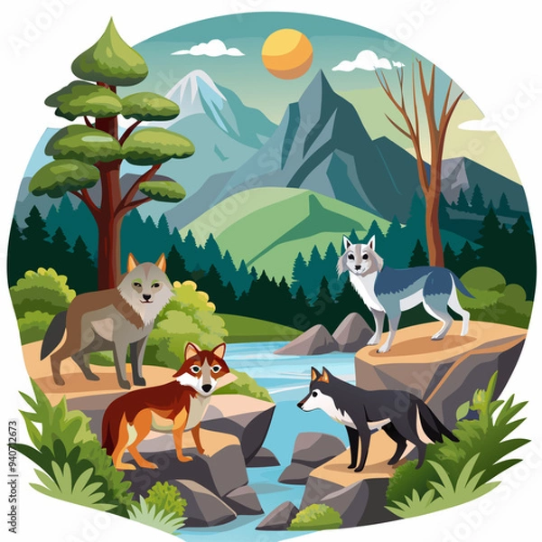 Obraz Four Wolves in a Mountainous Forest Landscape