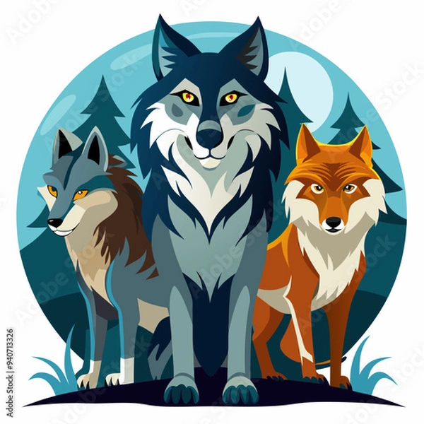 Obraz Three Wolves Standing Together in a Forest Setting