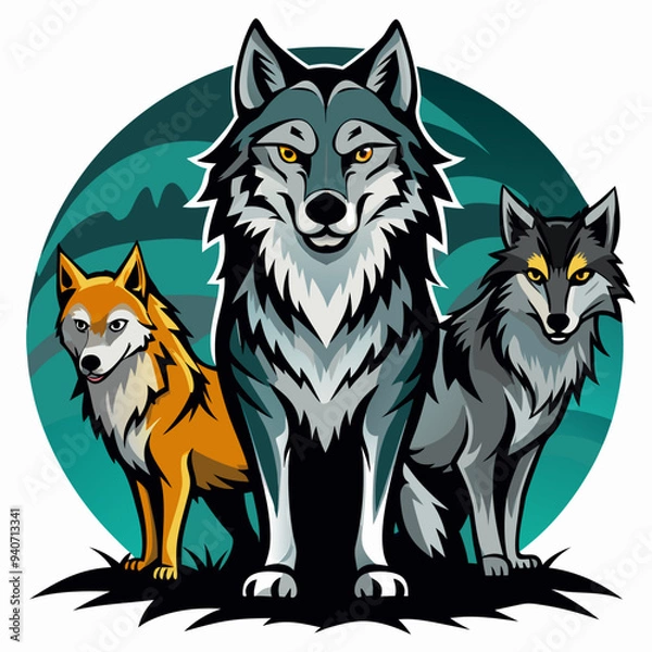 Obraz Three Wolves Standing Together in a Forest Setting