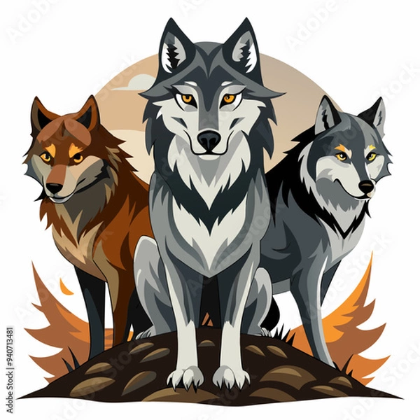 Obraz Three Wolves Standing Together in a Forest Clearing