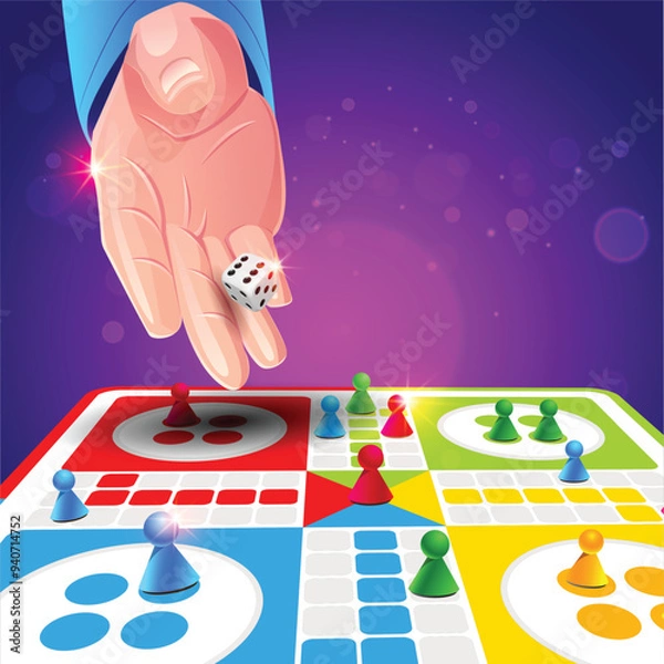 Fototapeta A game with a game board with a person playing dice. Ludo Board Game