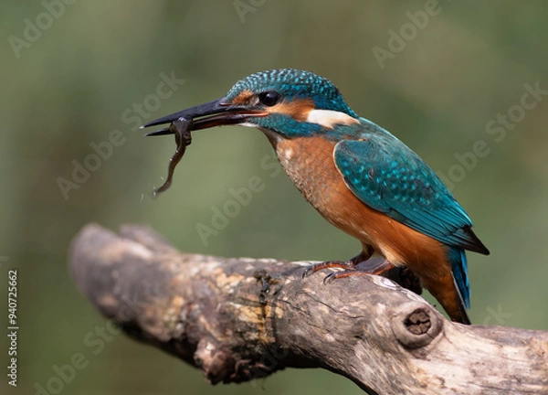 Fototapeta Common kingfisher, Alcedo atthis. A young bird sits on a branch, holding a tadpole in its beak