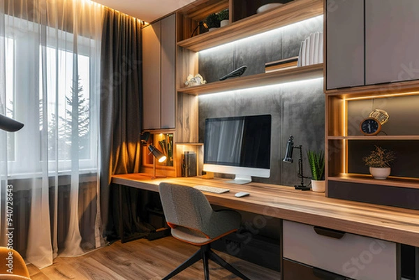 Fototapeta Modern home office with sleek wooden desk, large computer screen and organized shelves
